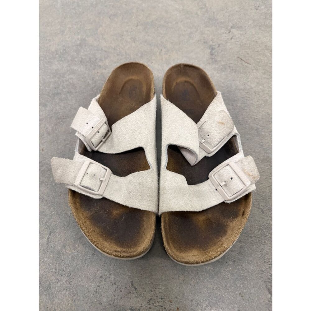 Birkenstock Two-Strap Suede Slides in Light Taupe